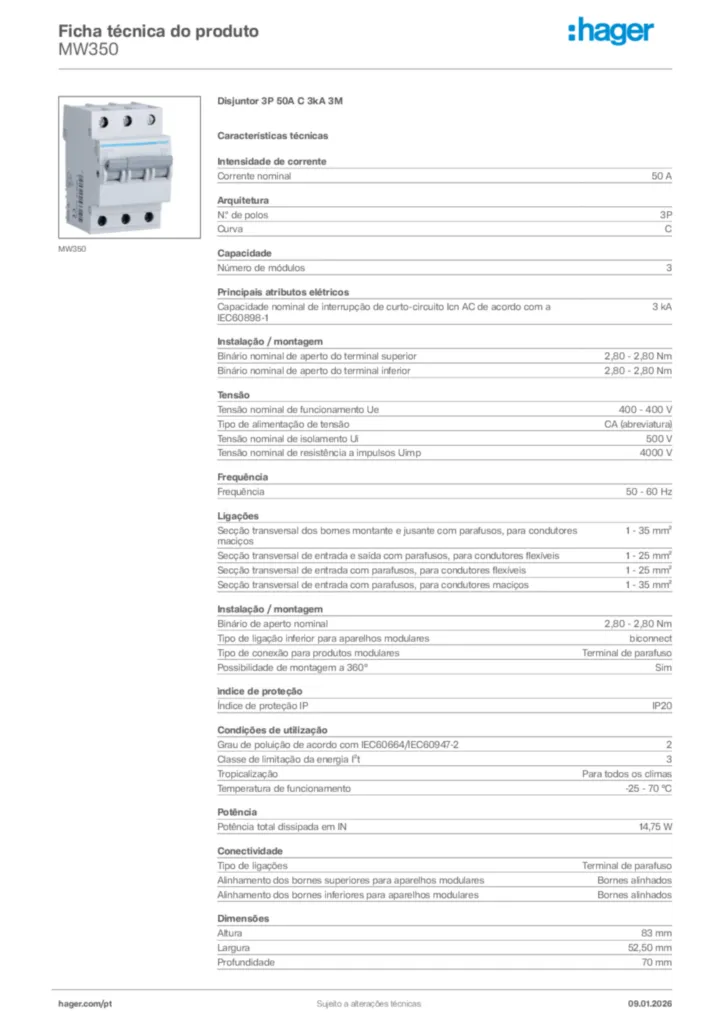 Imagem Hager Ficha técnica do produto MW350 | Hager Portugal