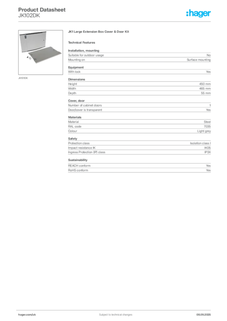Image Hager Product data sheet JK102DK  | Hager