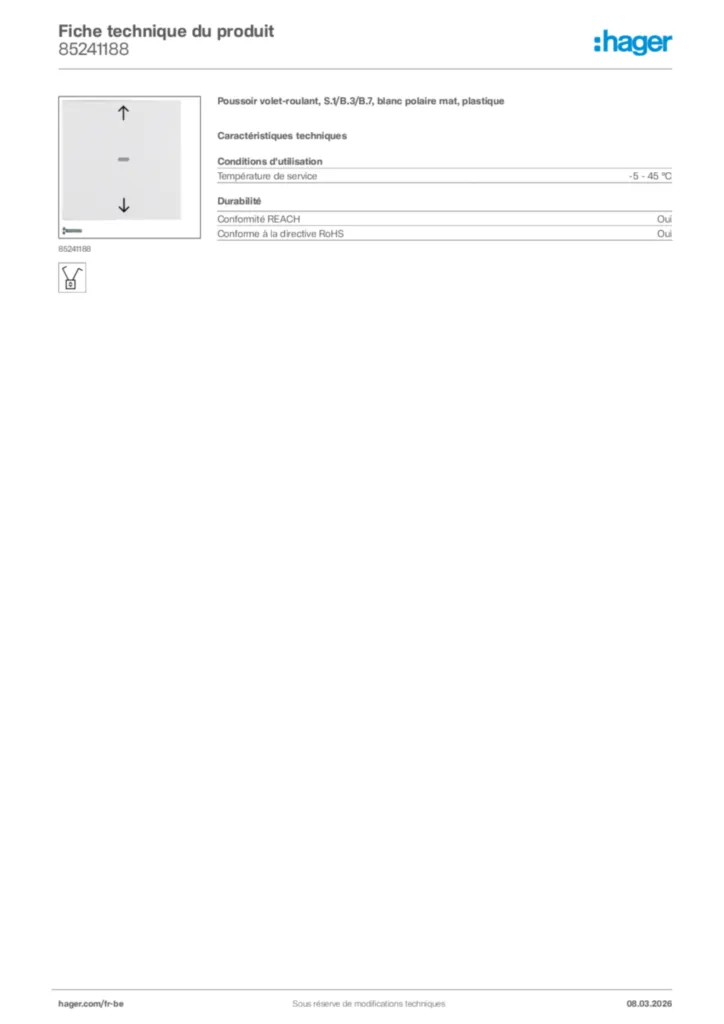 Image Hager Fiche technique du produit 85241188 | Hager Belgique