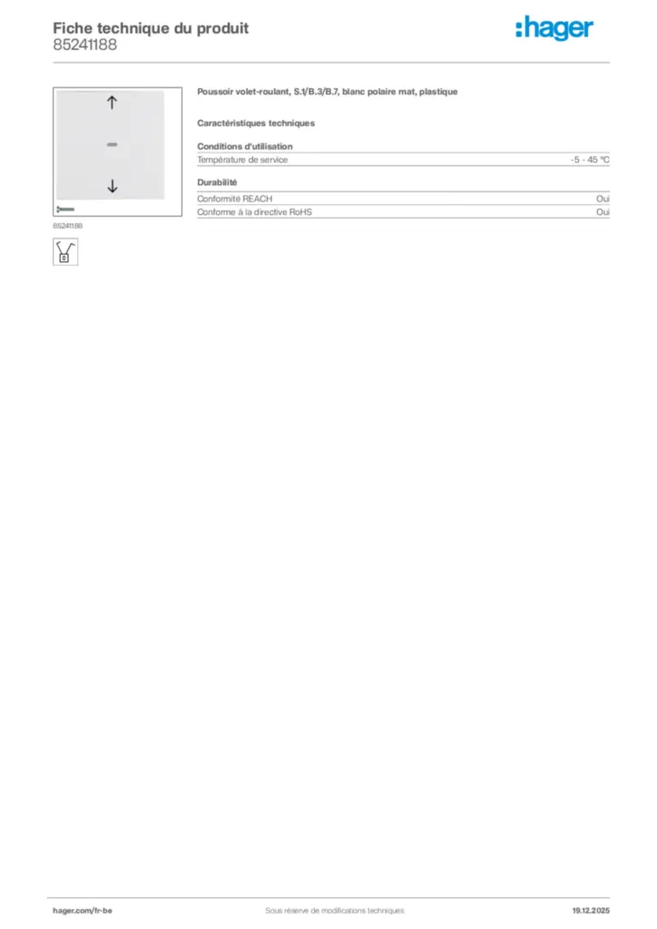 Image Hager Fiche technique du produit 85241188 | Hager Belgique