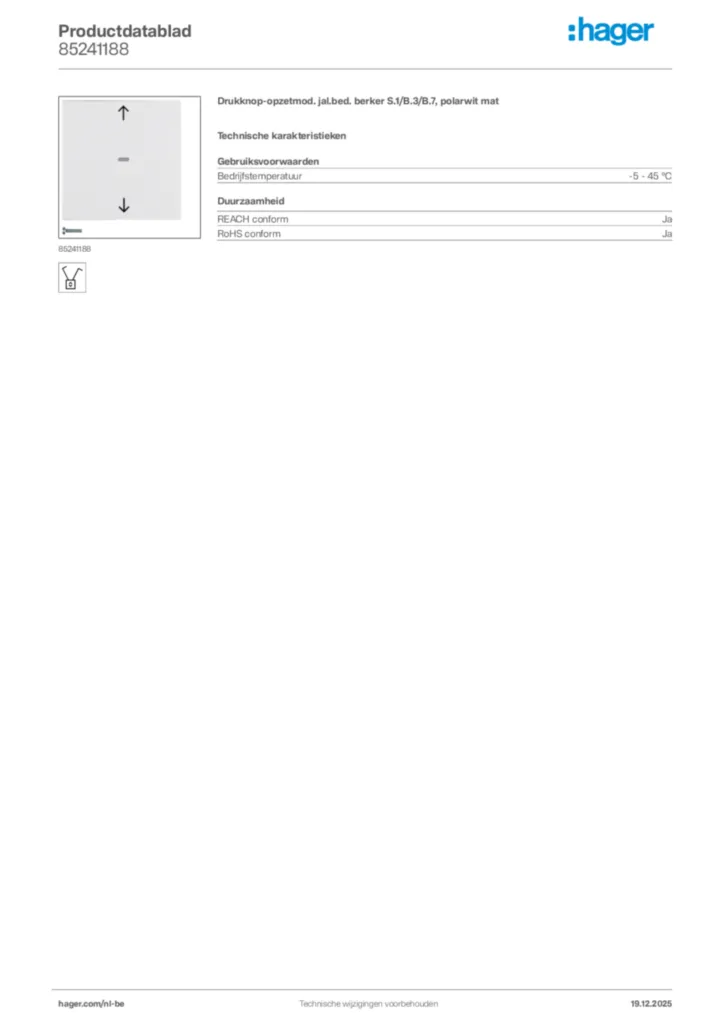 Afbeelding Hager Productdatablad 85241188 | Hager Belgium