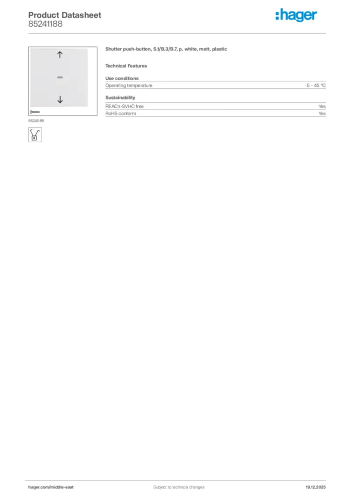 Image Hager Product data sheet 85241188  | Hager