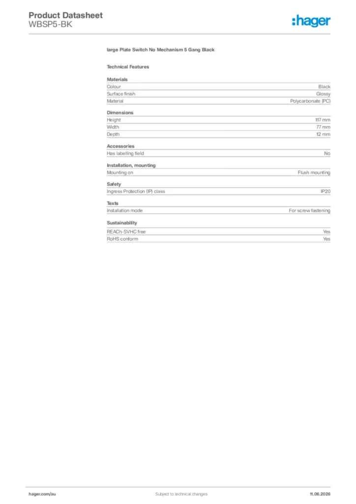 Image Hager Product data sheet WBSP5-BK  | Hager Australia