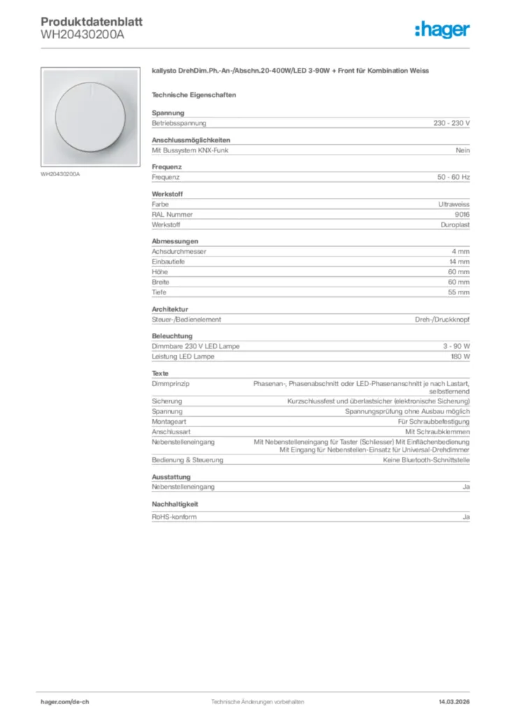 Bild Hager Produktdatenblatt WH20430200A | Hager Schweiz