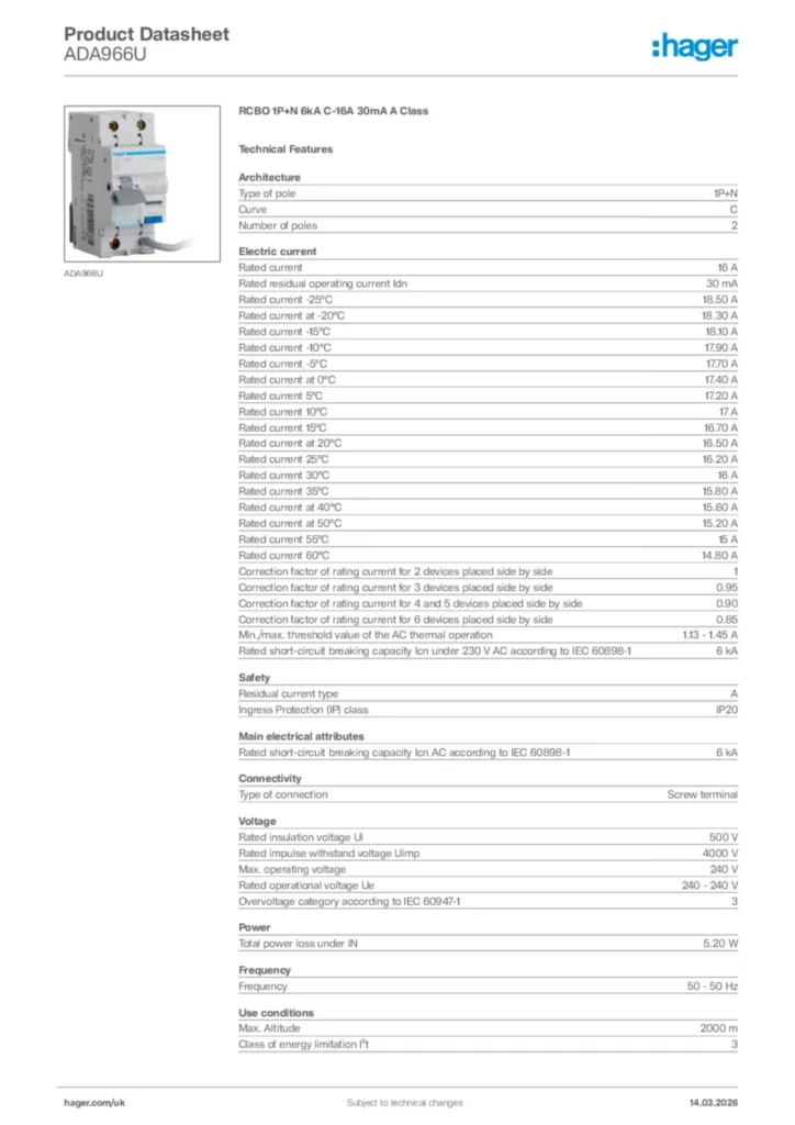 Image Hager Product data sheet ADA966U  | Hager