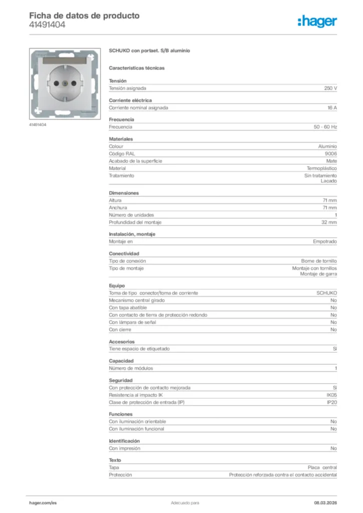 Imagen Hager Ficha de datos de producto 41491404 | Hager España