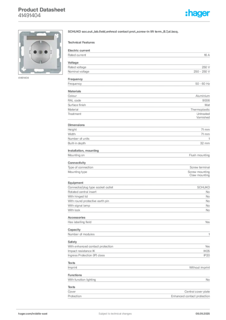 Image Hager Product data sheet 41491404  | Hager