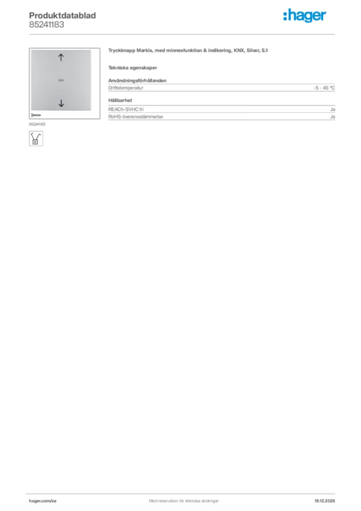 Bild Hager Produktdatablad 85241183 | Hager Sverige