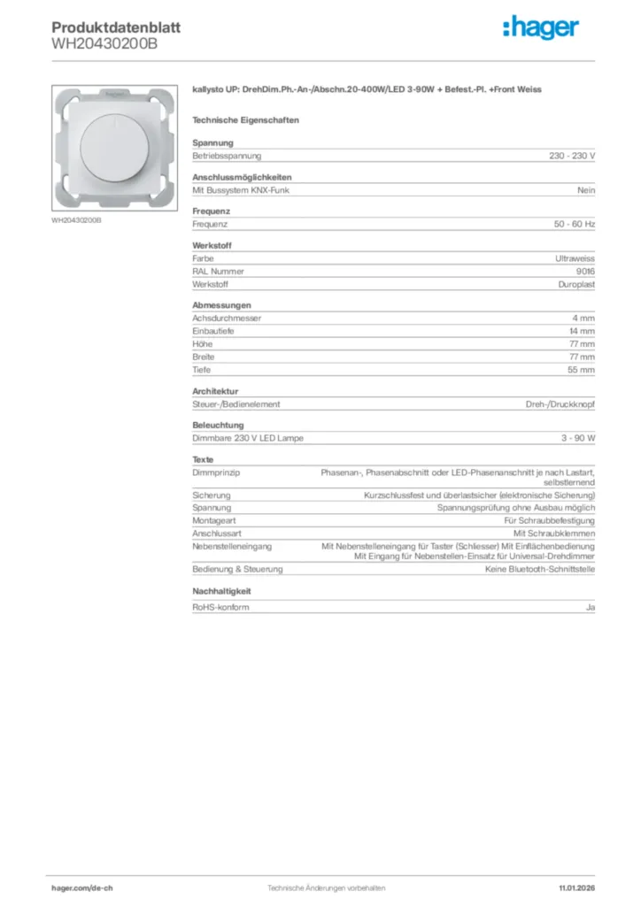 Bild Hager Produktdatenblatt WH20430200B | Hager Schweiz