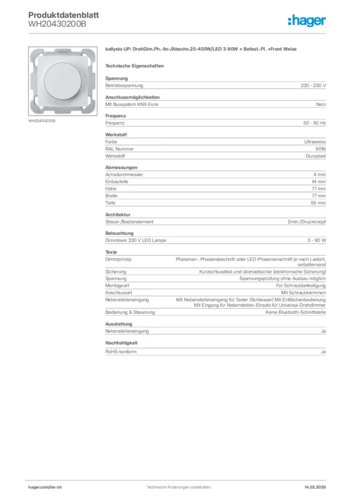 Bild Hager Produktdatenblatt WH20430200B | Hager Schweiz