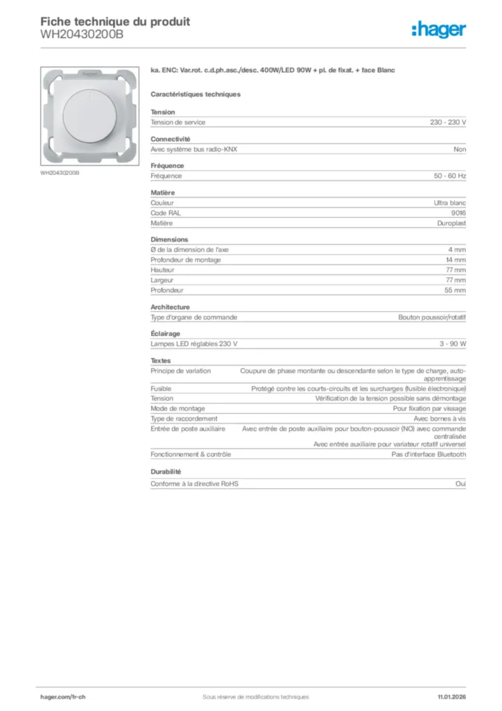 Image Hager Fiche technique du produit WH20430200B | Hager Suisse