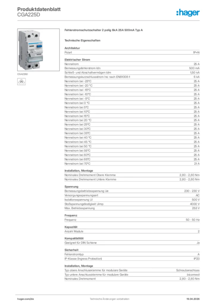 Bild Hager Produktdatenblatt CGA225D | Hager Deutschland