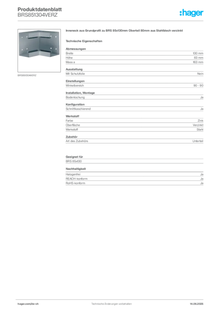 Bild Hager Produktdatenblatt BRS851304VERZ | Hager Schweiz