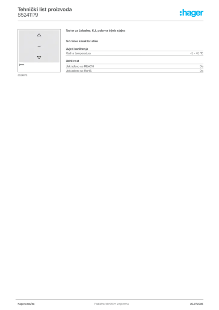 Slika Hager Product data sheet 85241179  | Hager