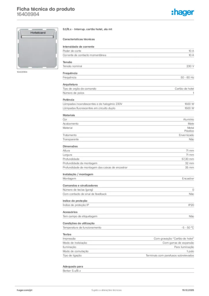 Imagem Hager Ficha técnica do produto 16408984 | Hager Portugal