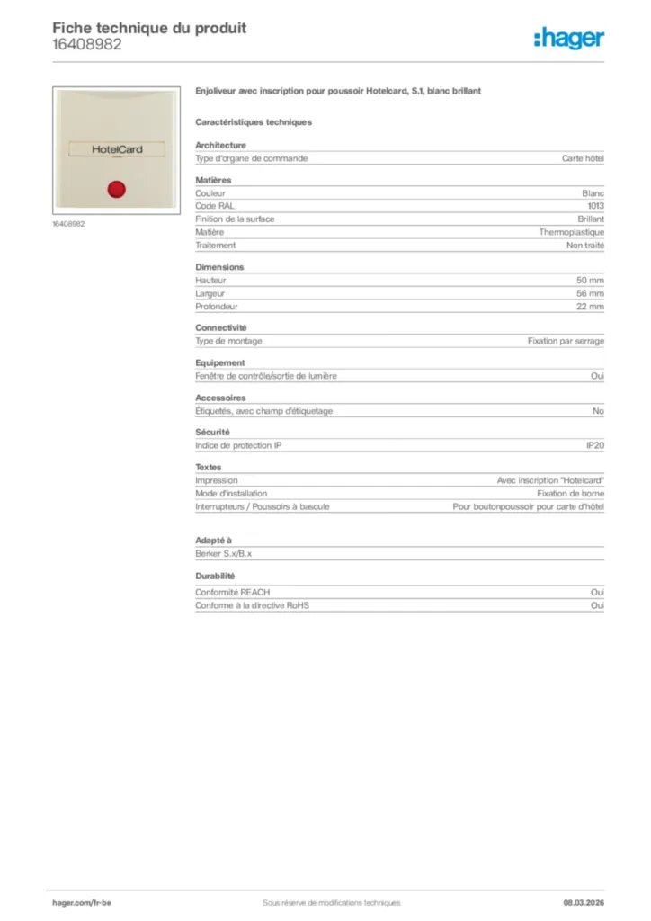 Image Hager Fiche technique du produit 16408982 | Hager Belgique