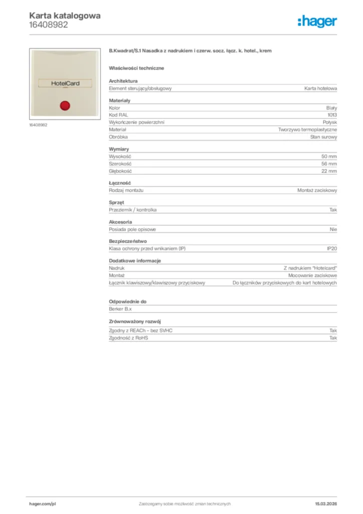 Zdjęcie Hager Karta katalogowa 16408982 | Hager Polska