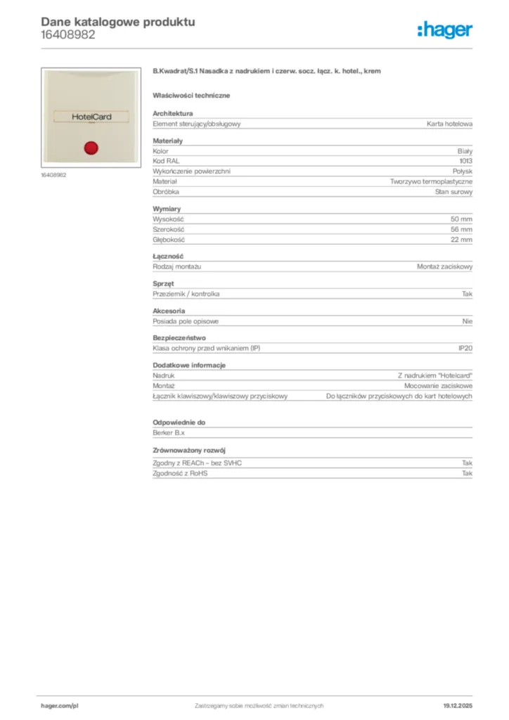 Zdjęcie Hager Karta katalogowa 16408982 | Hager Polska