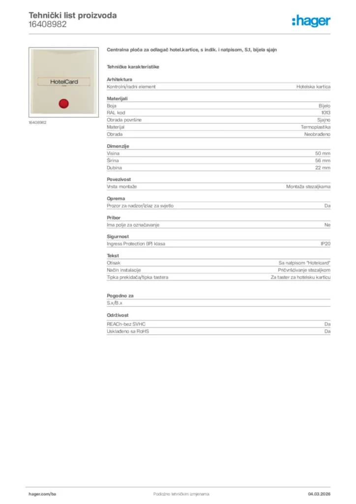 Slika Hager Tehnički list proizvoda 16408982  | Hager