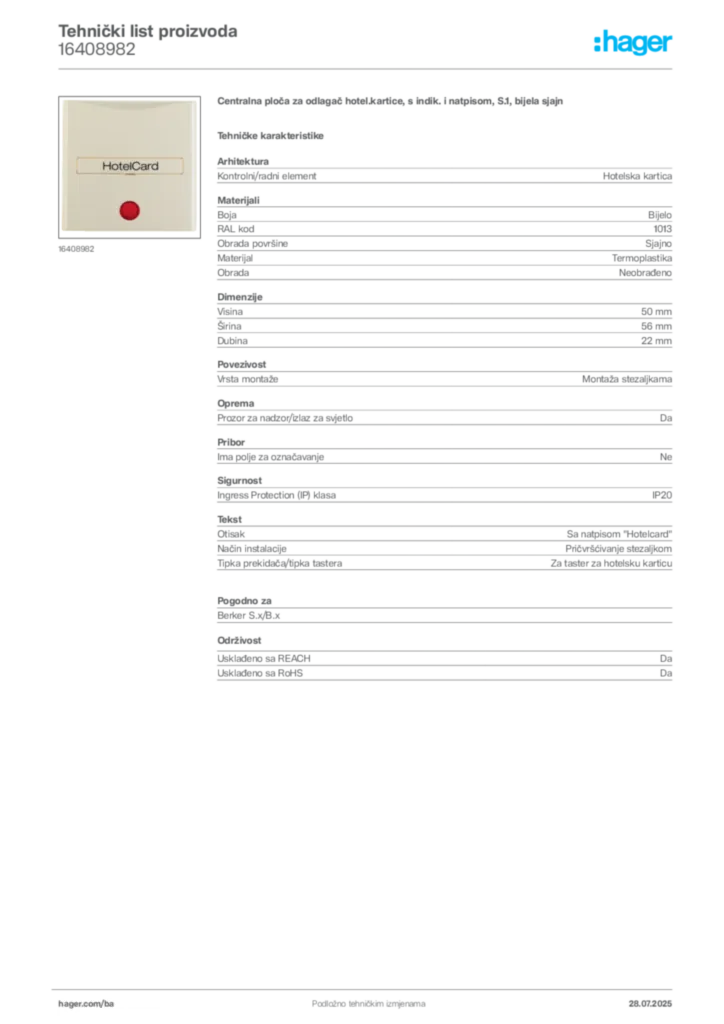 Slika Hager Product data sheet 16408982  | Hager
