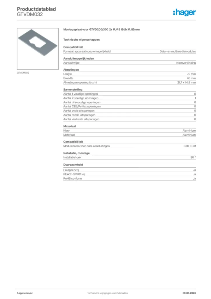 Afbeelding Hager Productdatablad GTVDM032 | Hager Nederland
