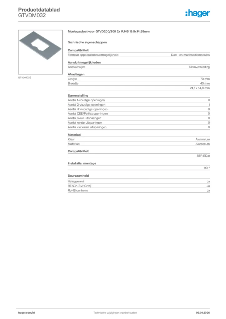 Afbeelding Hager Productdatablad GTVDM032 | Hager Nederland