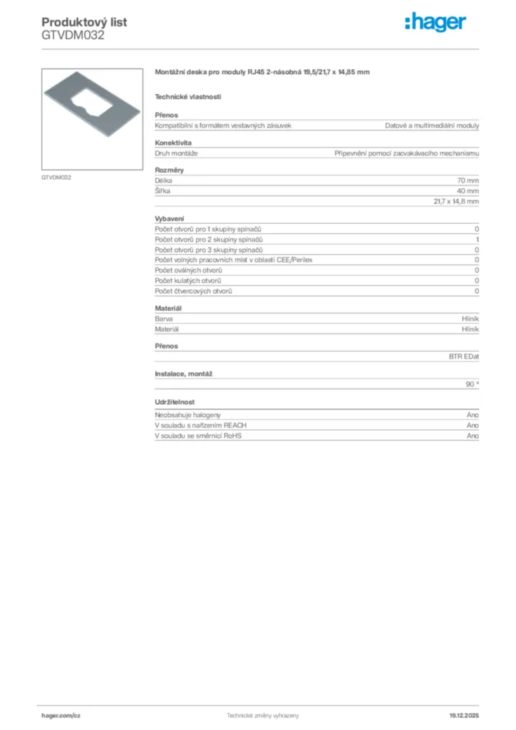 Obrázek Hager Produktový list GTVDM032 | Hager