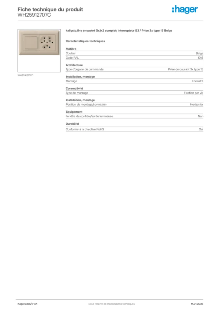 Image Hager Fiche technique du produit WH25912707C | Hager Suisse
