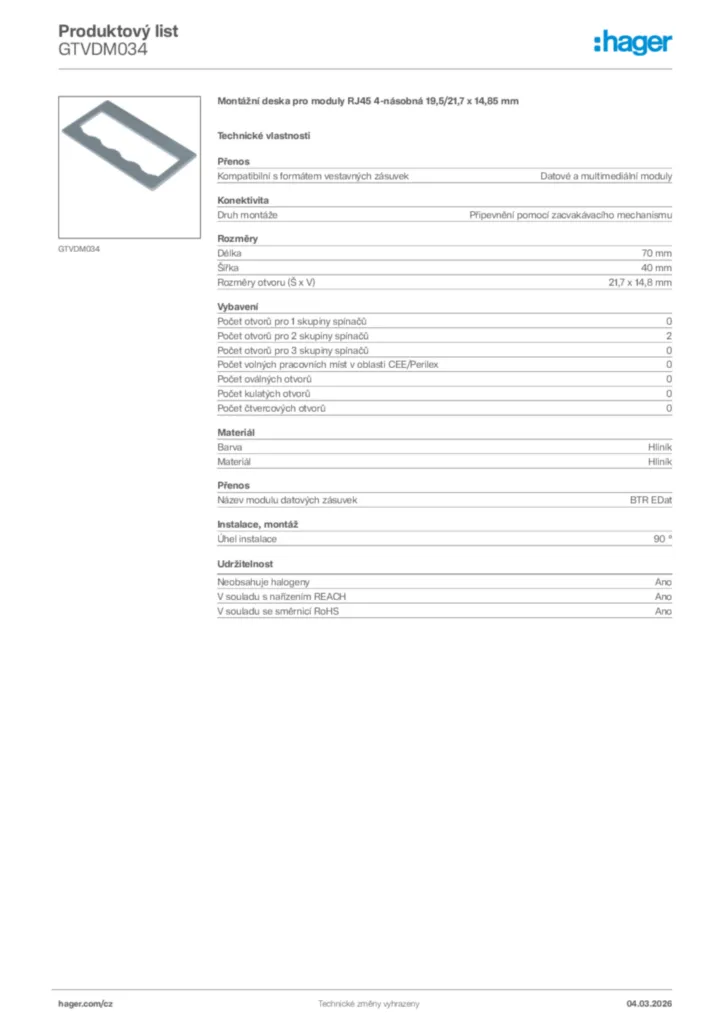 Obrázek Hager Product data sheet GTVDM034 | Hager