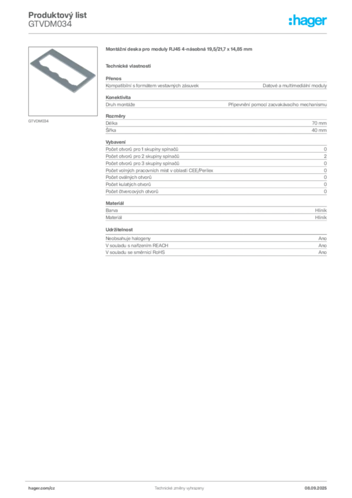 Obrázek Hager Produktový list GTVDM034 | Hager