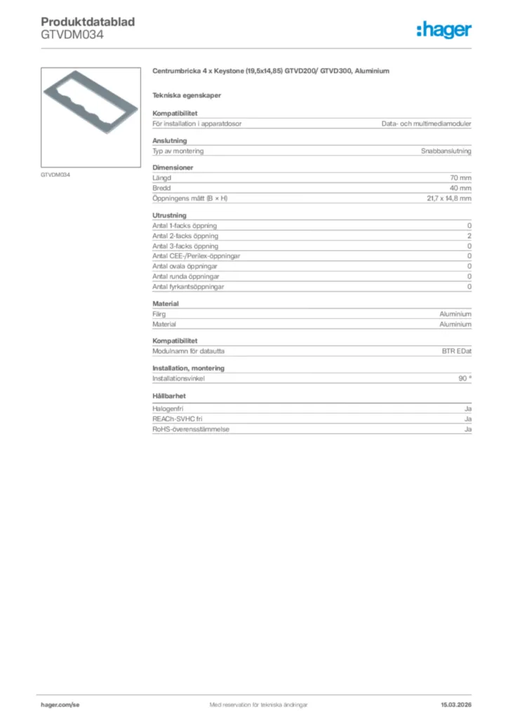 Bild Hager Produktdatablad GTVDM034 | Hager Sverige