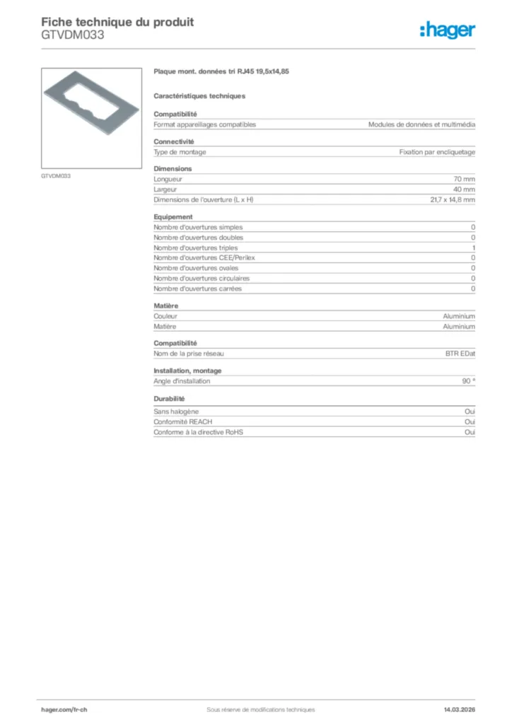 Image Hager Fiche technique du produit GTVDM033 | Hager Suisse
