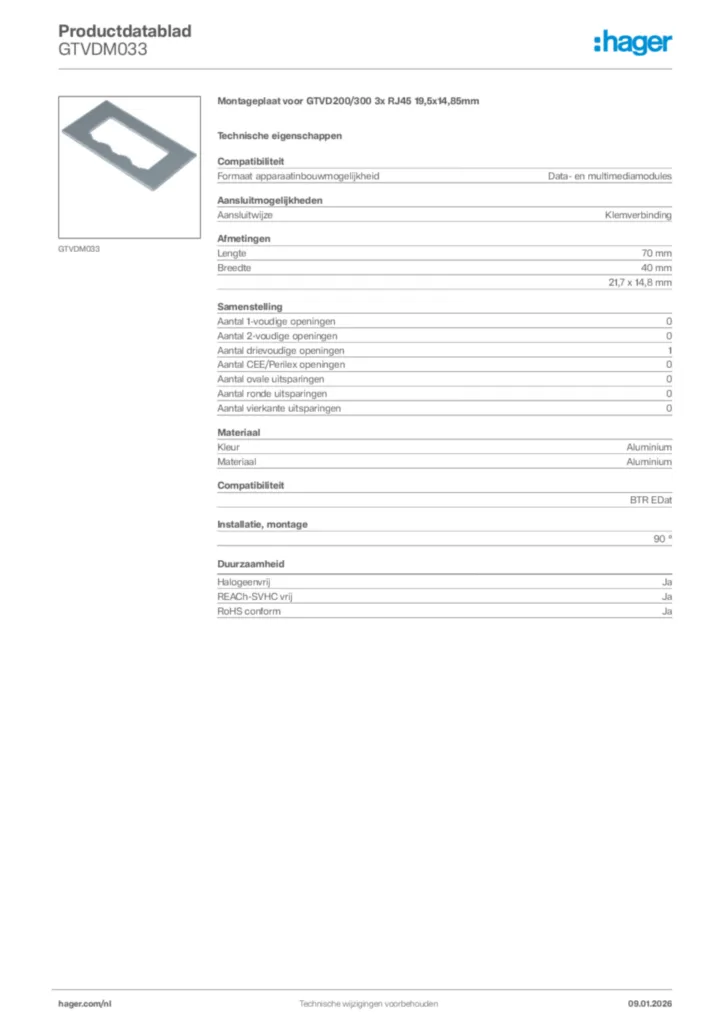 Afbeelding Hager Productdatablad GTVDM033 | Hager Nederland