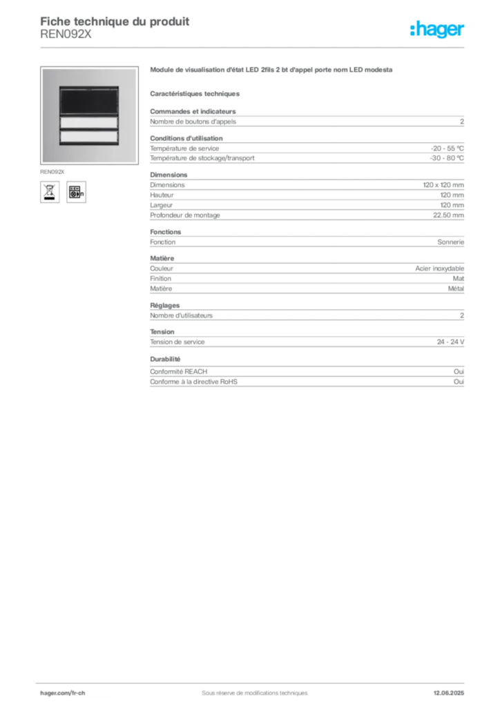 Image Hager Fiche technique du produit REN092X | Hager Suisse