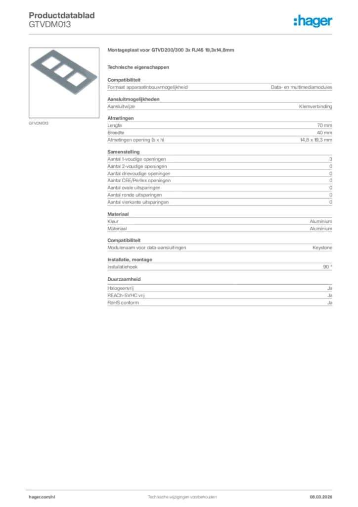 Afbeelding Hager Productdatablad GTVDM013 | Hager Nederland