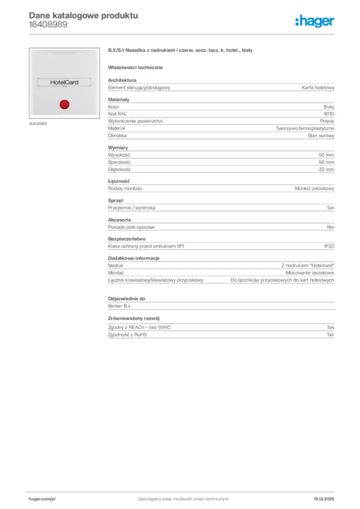 Zdjęcie Hager Karta katalogowa 16408989 | Hager Polska