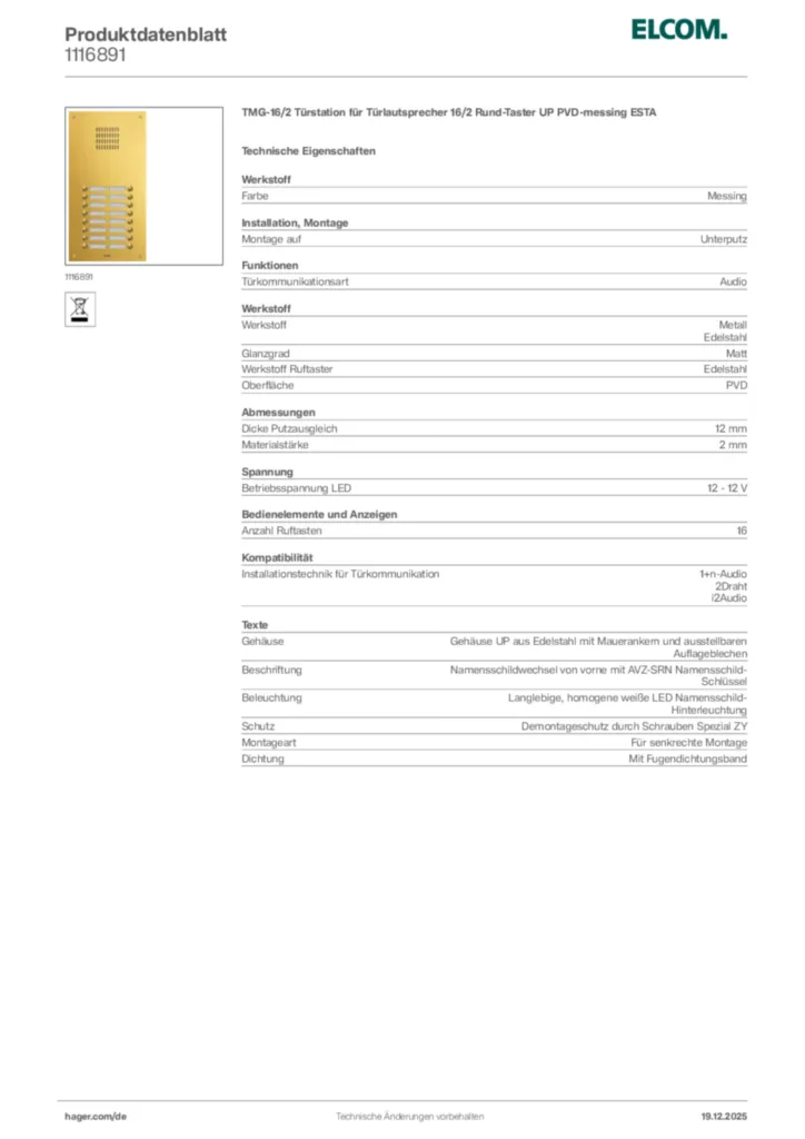 Bild Elcom Produktdatenblatt 1116891 | Hager Deutschland