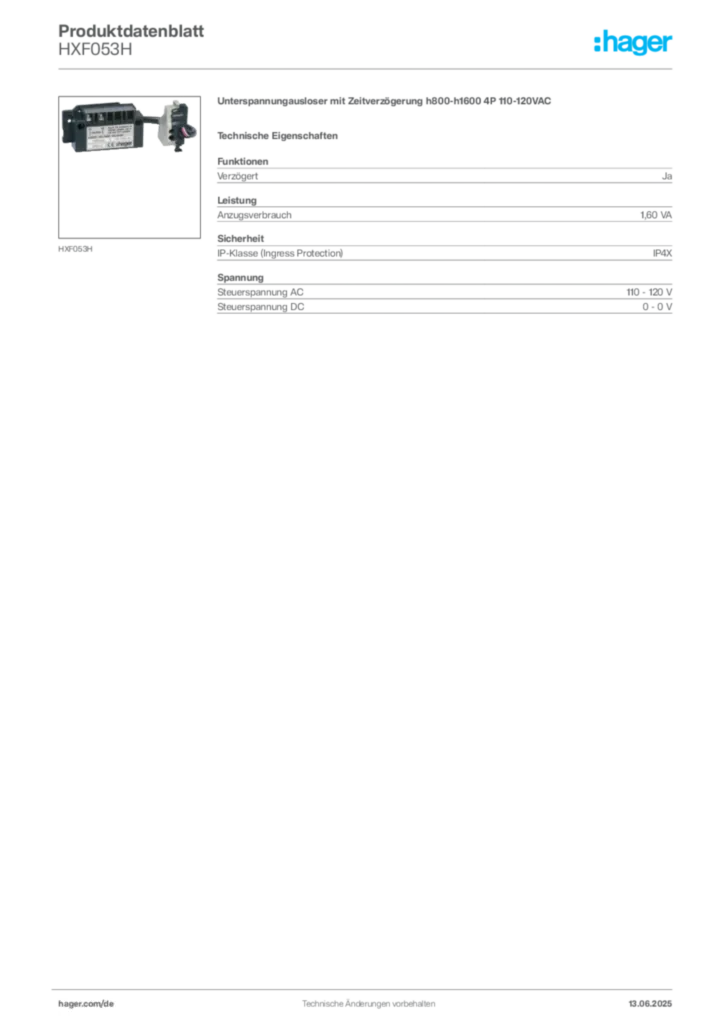 Hager Produktdatenblatt HXF053H