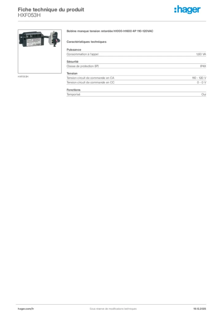 Image Hager Fiche technique du produit HXF053H | Hager France