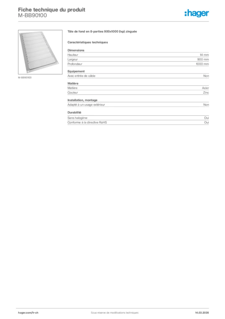 Image Hager Fiche technique du produit M-BB90100 | Hager Suisse