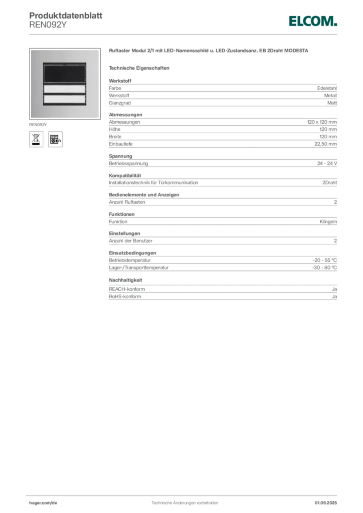 Bild Elcom Produktdatenblatt REN092Y | Hager Deutschland