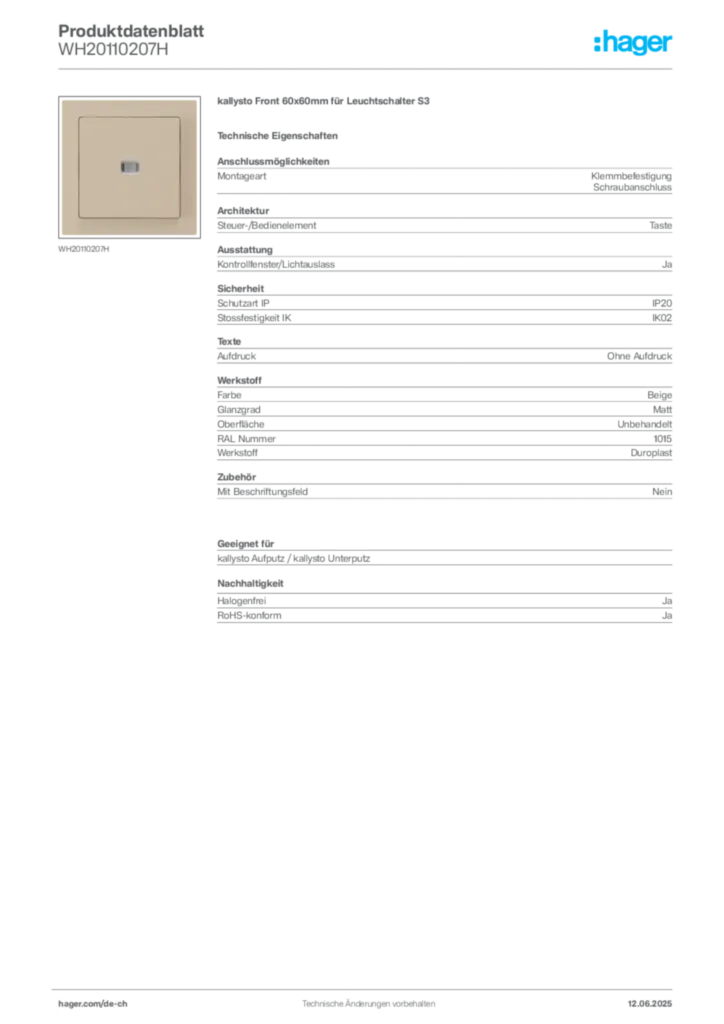 Bild Hager Produktdatenblatt WH20110207H | Hager Schweiz