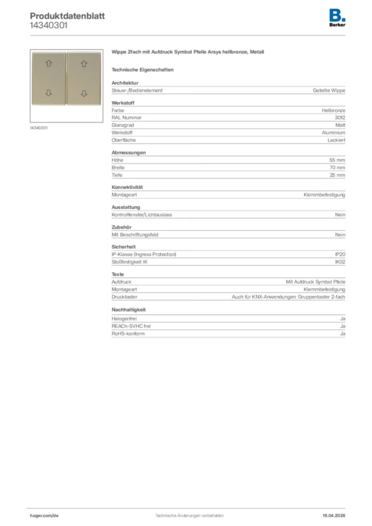 Bild Berker Produktdatenblatt 14340301 | Hager Deutschland