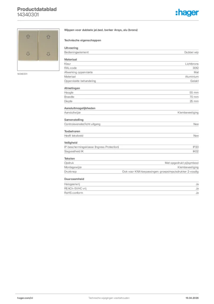 Afbeelding Hager Productdatablad 14340301 | Hager Nederland