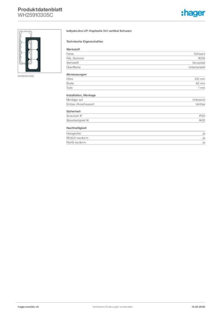Bild Hager Produktdatenblatt WH25910305C | Hager Schweiz