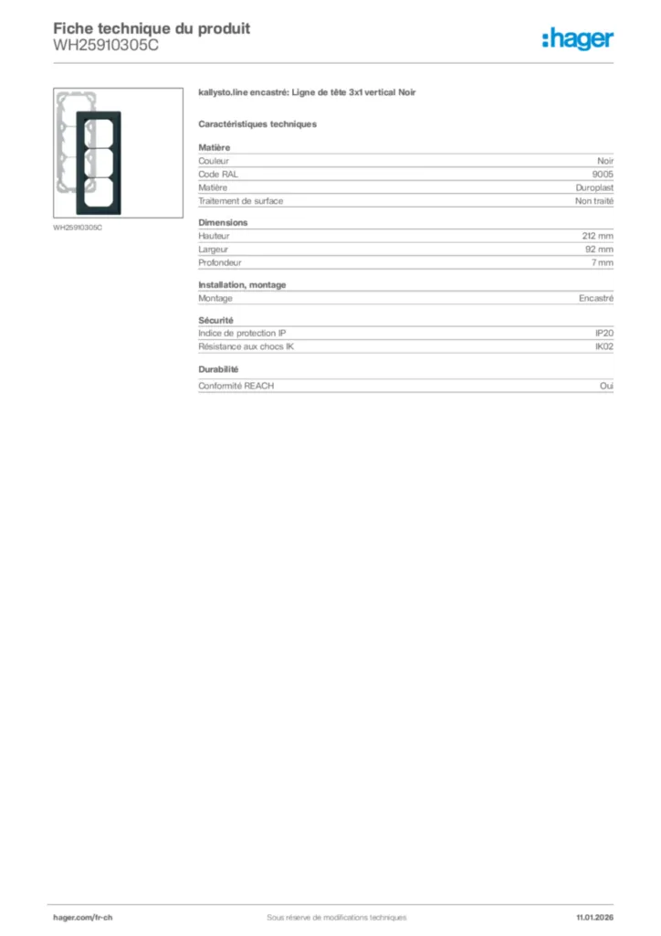 Image Hager Fiche technique du produit WH25910305C | Hager Suisse