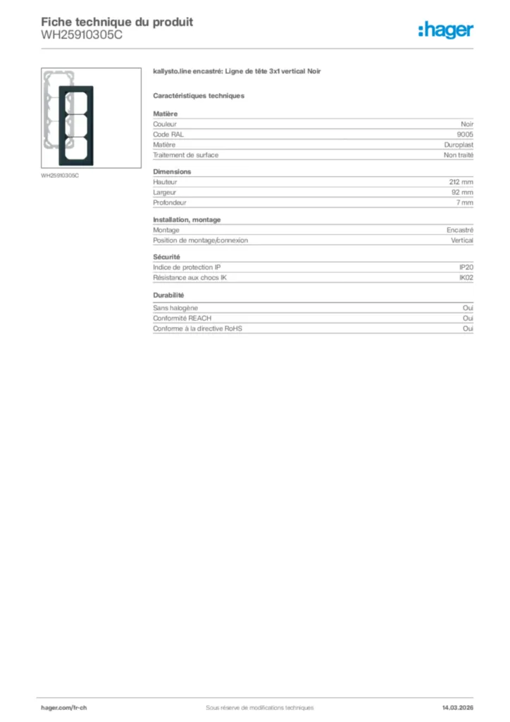 Image Hager Fiche technique du produit WH25910305C | Hager Suisse