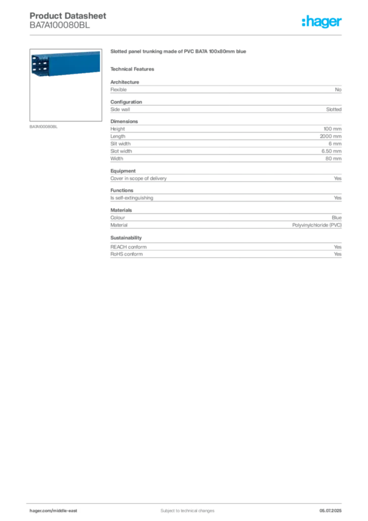 Image Hager Product data sheet BA7A100080BL  | Hager