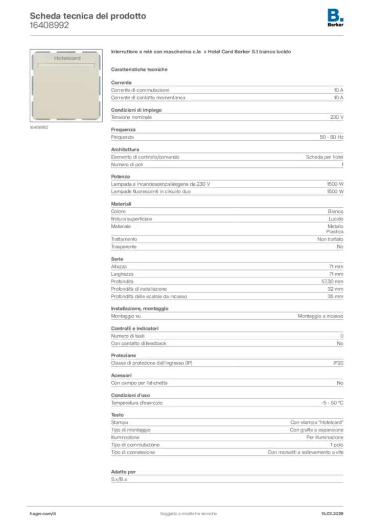 Immagine Berker Scheda tecnica del prodotto 16408992 | Hager Italia