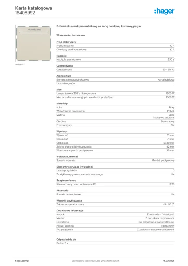 Zdjęcie Hager Karta katalogowa 16408992 | Hager Polska